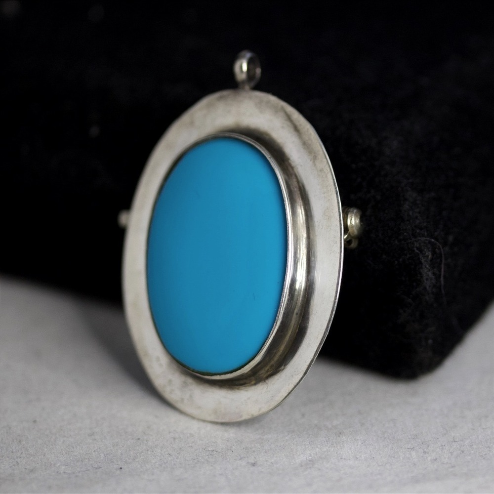 Native American Handmade Sterling Silver Turquoise Oval Brooch Pendant Pin - Picture 4 of 8
